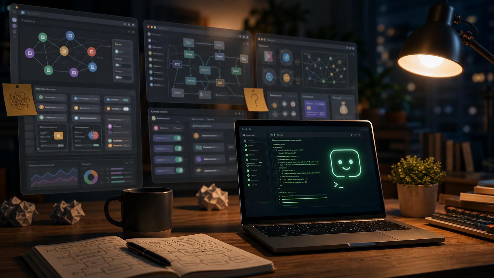 複雑なAIエージェント管理画面を背景に、手前のノートPCでシンプルなターミナルが動いているデスク