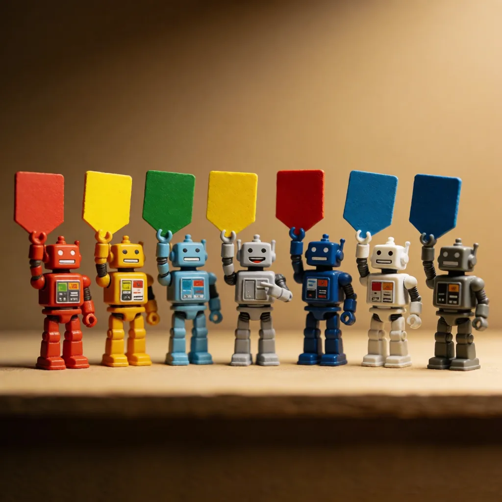 色違いのおもちゃのロボット7体が採点札を掲げている。真ん中の1体だけが自分を指さしている