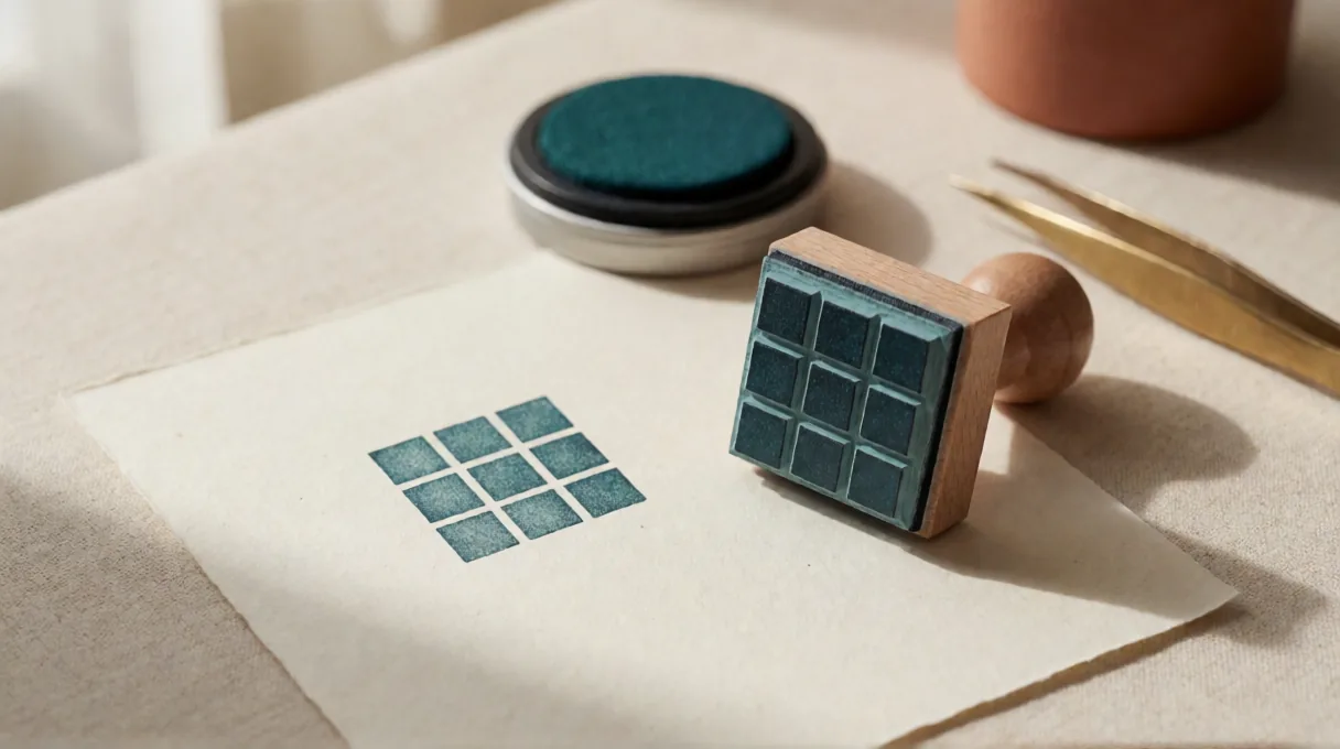 クリーム色の布を敷いた机の物撮り。3×3のマス目が彫られた木製のゴム印が彫り面をこちらに向けて置かれ、その左の紙には同じ3×3のマス目がティール色のインクで押されている。奥にインクパッドと真鍮のピンセット
