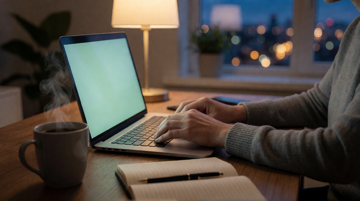 夕暮れの窓の外に街の灯りが見える書斎で、ノートPCのキーボードに手を置く様子
