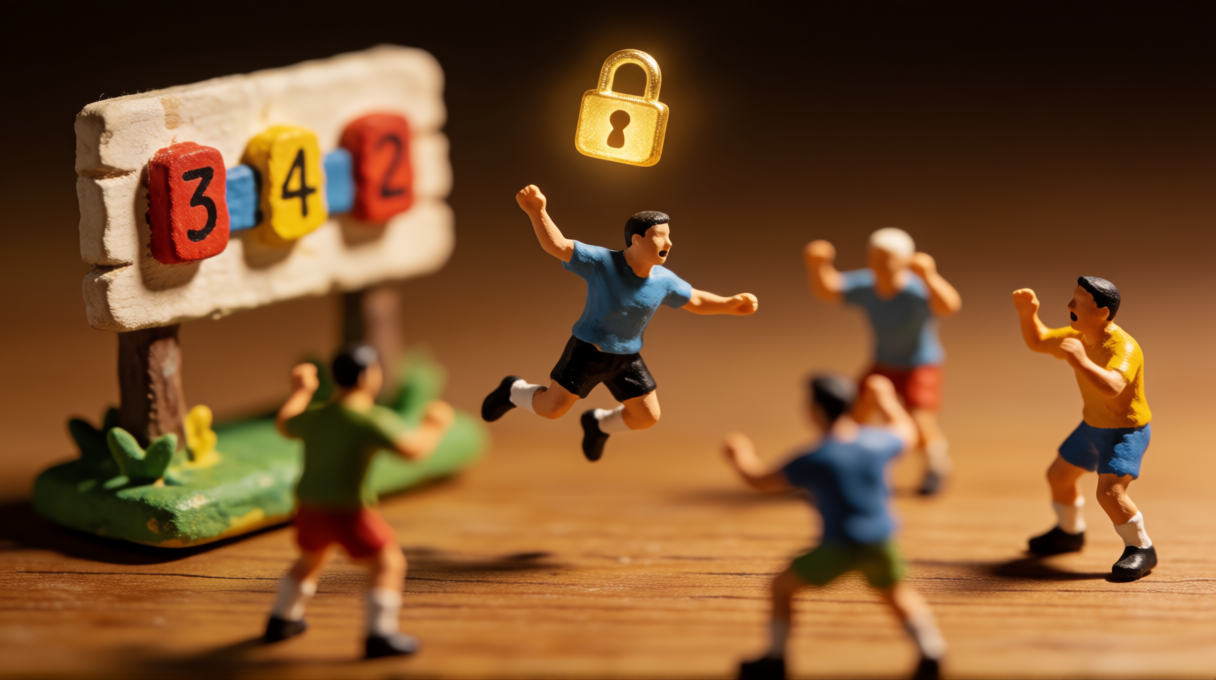 ミニチュアのフィギュアが架空スポーツをプレイする様子。ジャンプした選手の頭上に得点確定を示す金色の南京錠アイコンが光っている