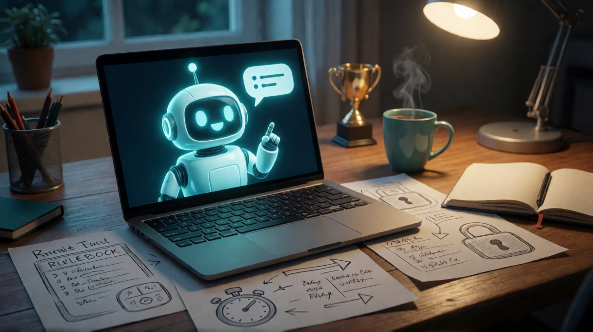 夜のデスクでノートPC画面に映る笑顔のAIチャットボットと、机に散らばった架空スポーツのルールブックの手書きスケッチ
