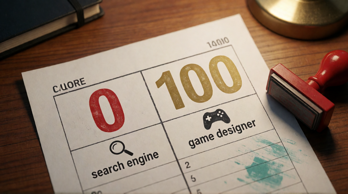 採点用紙に赤いスタンプで押された0点（search engine）と金色の100点（game designer）