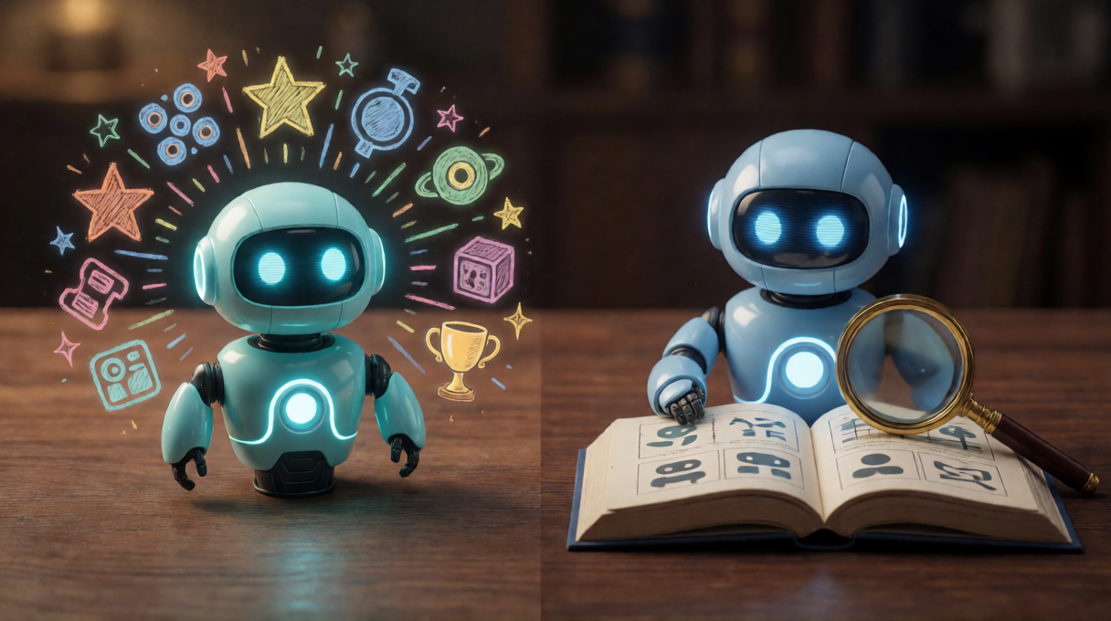 左は色とりどりのアイコンに囲まれ創造的に振る舞うロボット、右は本と虫眼鏡で既知の情報と照合するロボットの対比イメージ