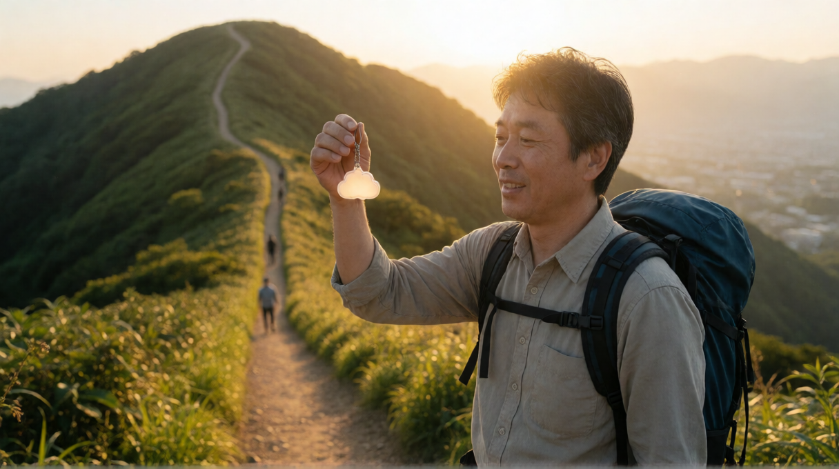 夕暮れの山道の終点で、小さなリュックを背負った男性が雲の形をしたキーホルダーを掲げてほっとした顔で見ている