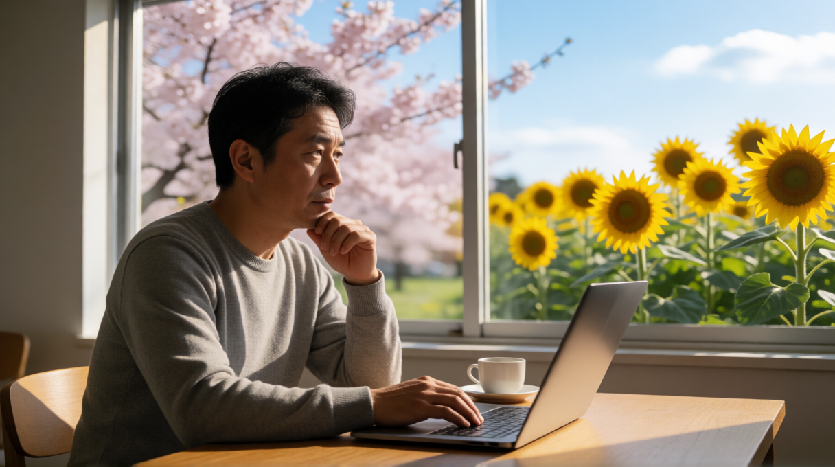 窓の外が左半分は桜、右半分はひまわりに分かれた部屋で、ノートPCの前で頬杖をついて待つ男性