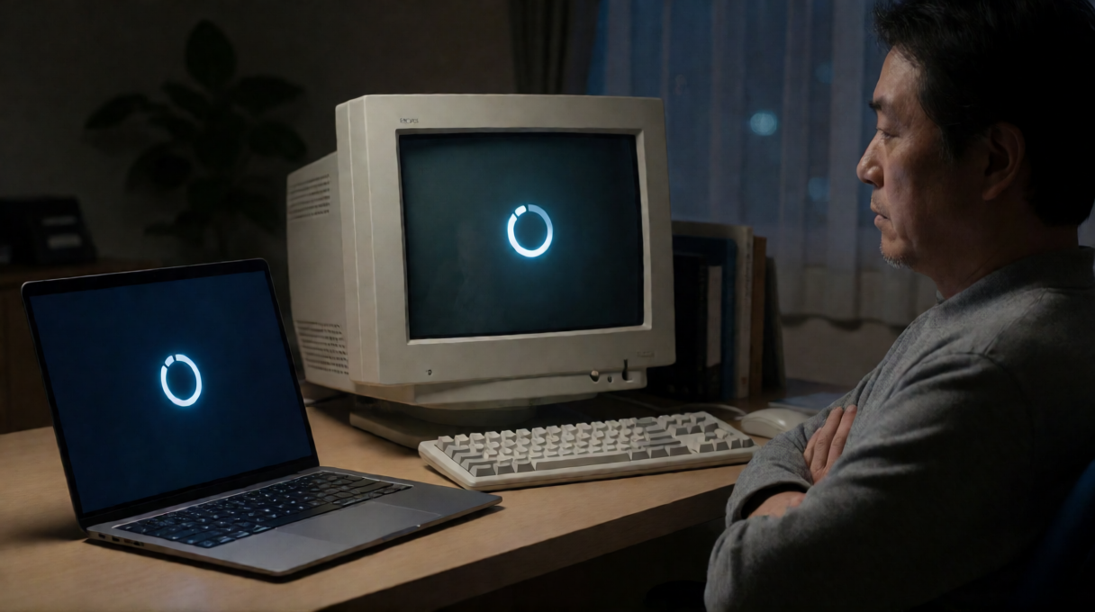 夜の部屋で、薄いノートPCと2000年代のベージュのブラウン管モニターが並び、どちらの画面にも青い読み込みリングだけが光っている前で腕を組んで待つ男性